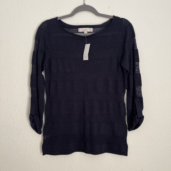 LOFT Tops - LOFT Navy Sheer Lightweight Sweater | Roll Tab Sleeve Minimalist Chic Casual Top